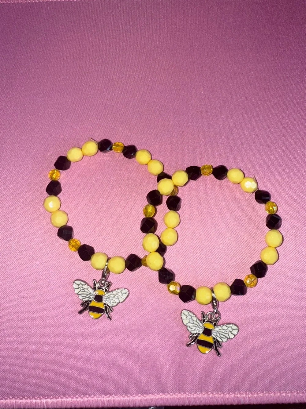 Yellow & Black Bee Charm Stretch Bracelet Set